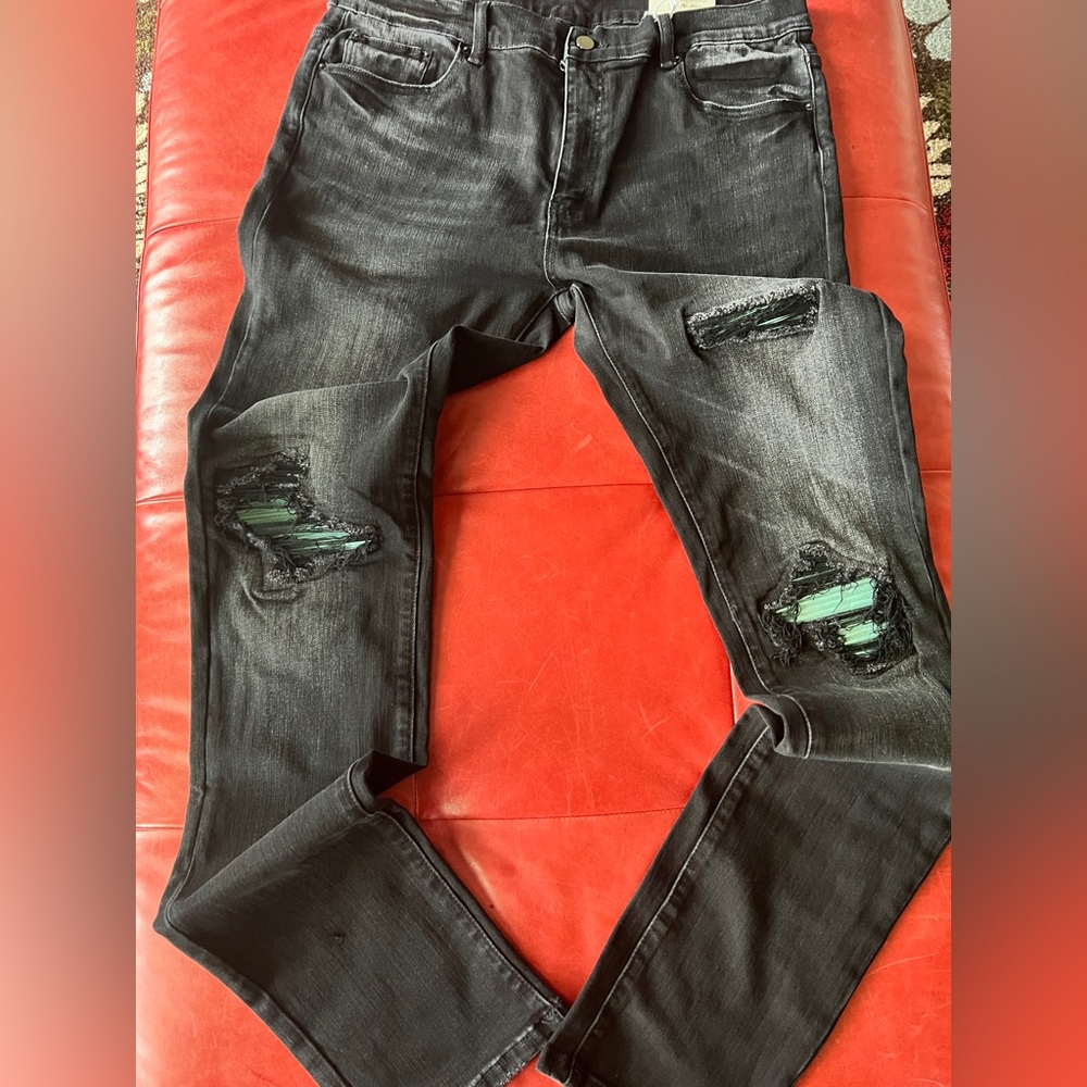 Mnml Black/grayish moto style Distressed Jeans w/ turquoise patches size 38